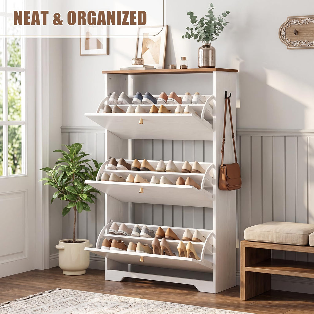 Shoe Cabinet, 3 Flip Drawers Slim White Walnut Top Entry Storage