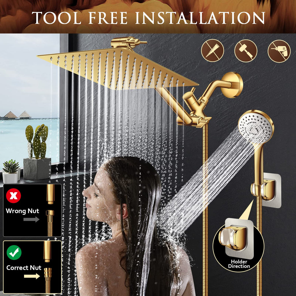 12" Gold Shower Head with Handheld and 11" Extension Arm