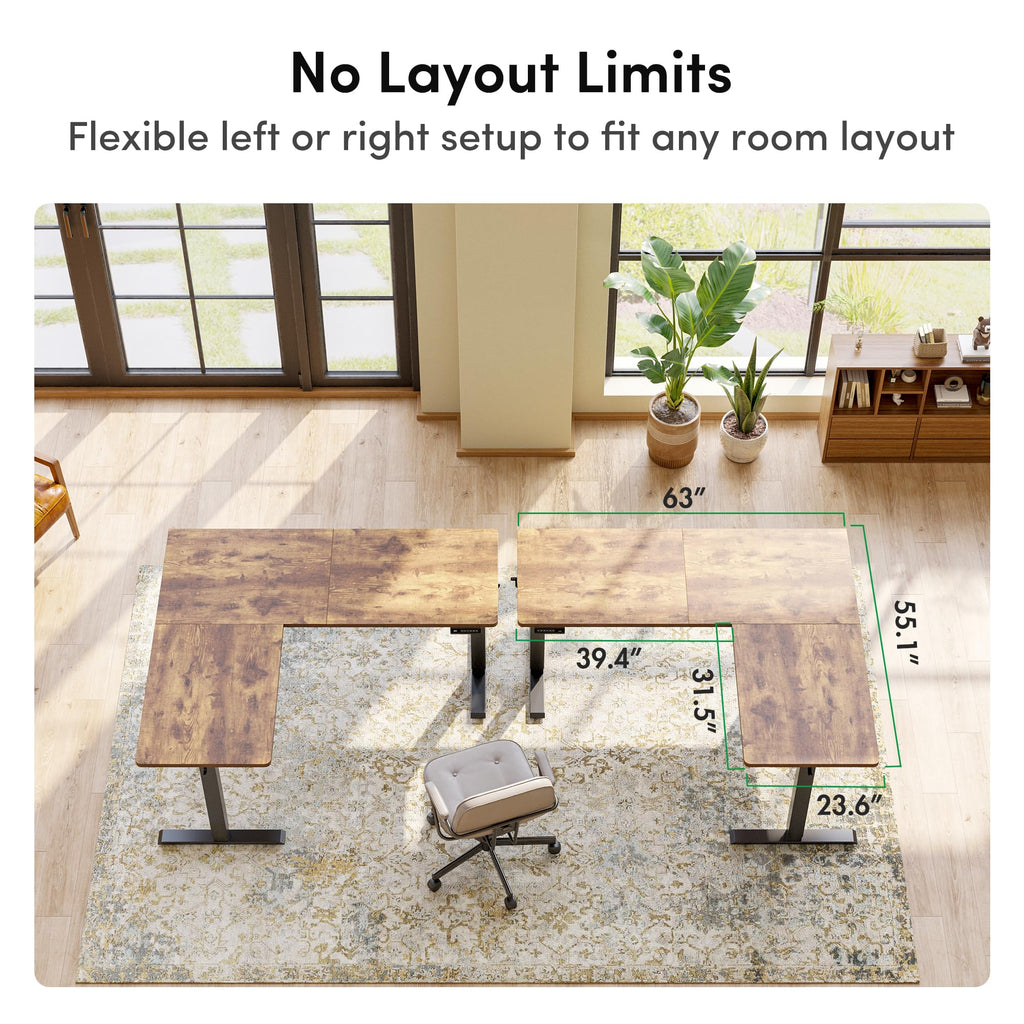 63" x 55" L-Shaped Standing Desk - Adjustable Corner Desk L Shape, L-Shaped Adjustable Desk with Splice Board, L