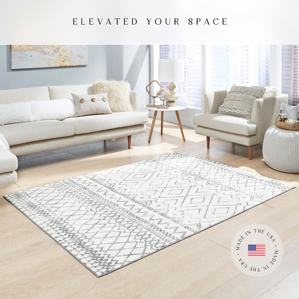 Diamond Distressed Moroccan Area Rug - Made in USA - Low Pile, Non Slip Pet-Friendly Mat, Living & Dining Room, 5' x