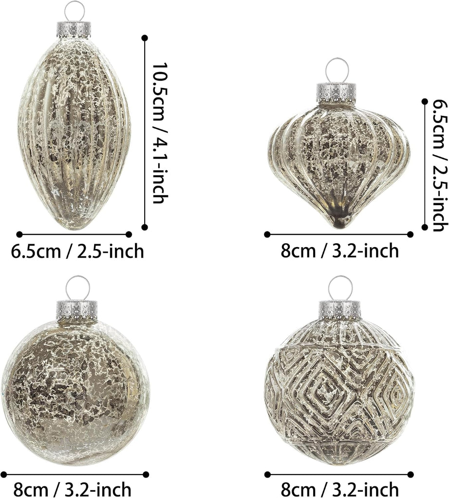 Mercury Glass Christmas Ornaments Set of 8 Champagne Silver Hanging Christmas Balls Finials for Christmas Tree