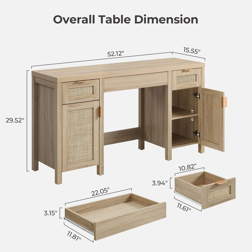 52" Rattan Vanity Desk with 3 Drawers & 2 Cabinets, Vanity Table