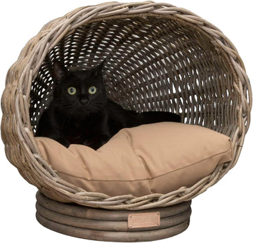 Socket Dome 19.5" x 17" Bohemian Handwoven Rattan Cat Bed with Machine-Washable Cushion, Kubu Gray