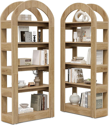 5-Tier Bookshelf, Arch-Shaped Racks, Tall Standing Wooden Bookcase Display Shelf Modern Storage Solution (2, Teak