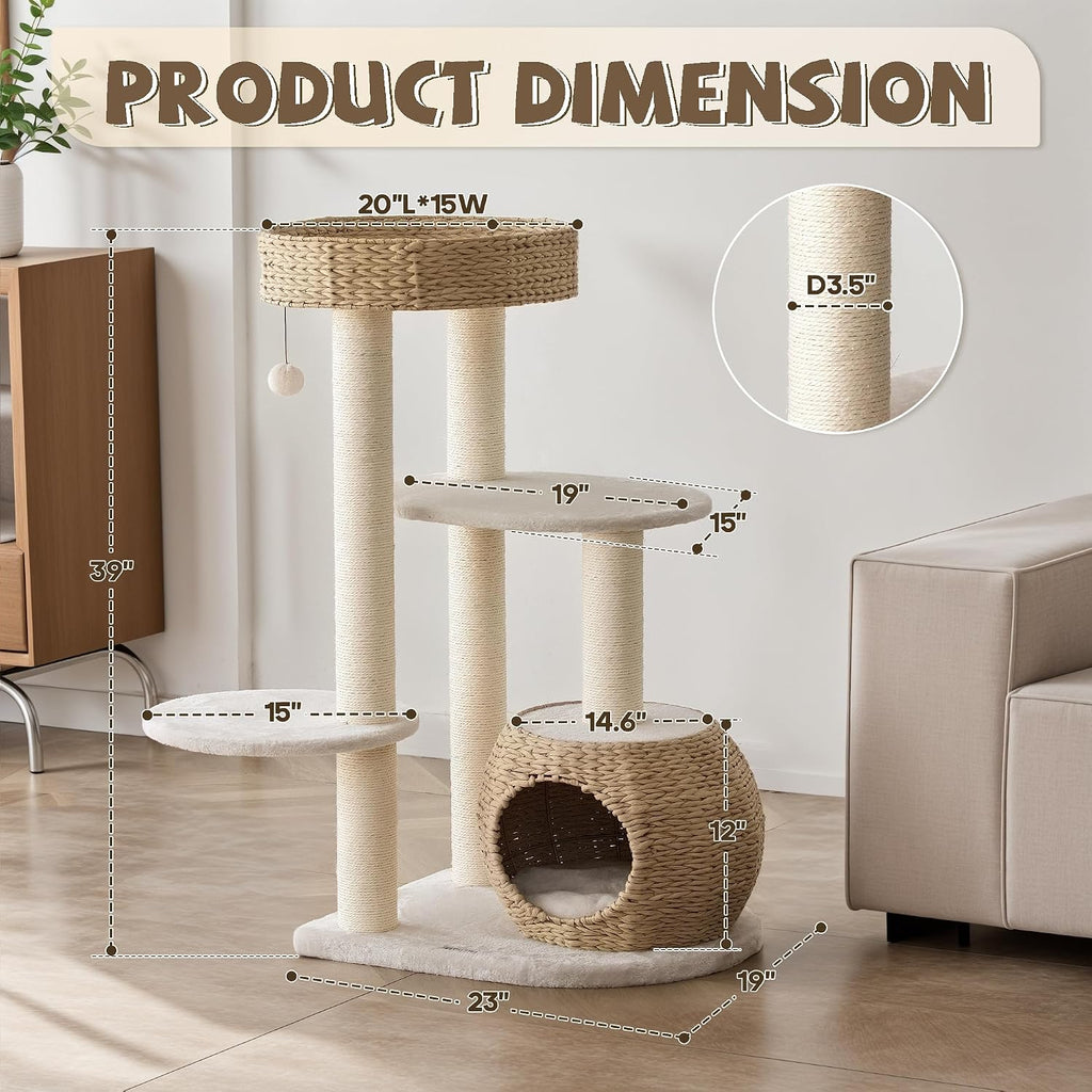 Modern Cat Tree, 39" Tall Cat Tree Tower for Cats, Cat Condo with Scratching Posts, Multi-Level Solid Wood Tower &