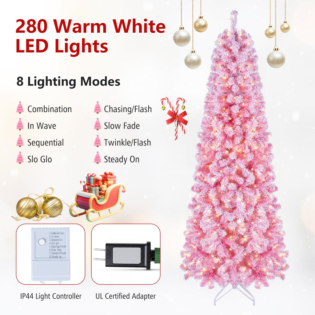 7ft Pink Pre-Lit Flocked Christmas Trees, Hinged