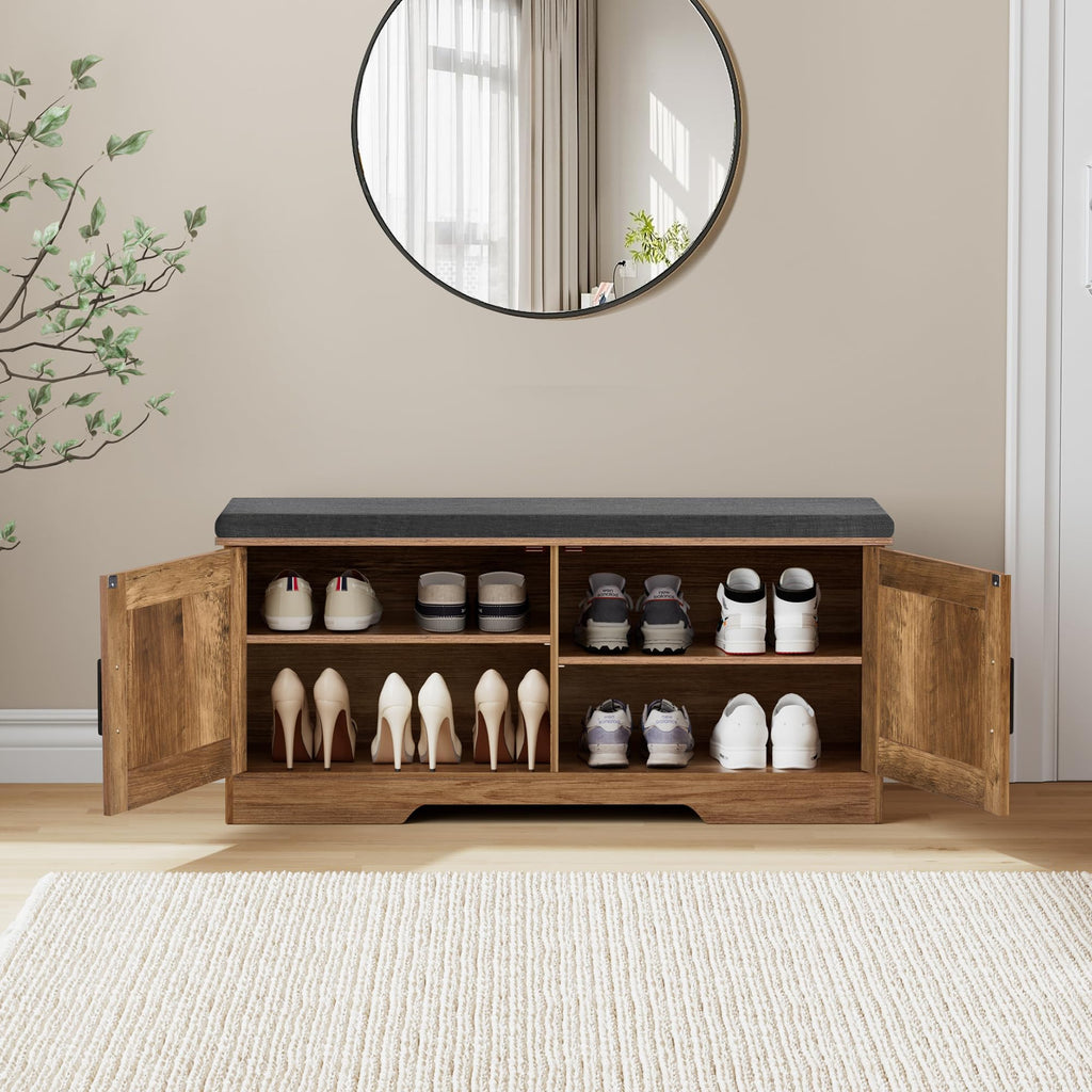 Farmhouse Shoe Storage Bench with 2 Barn Doors & Padded Seat Cushion