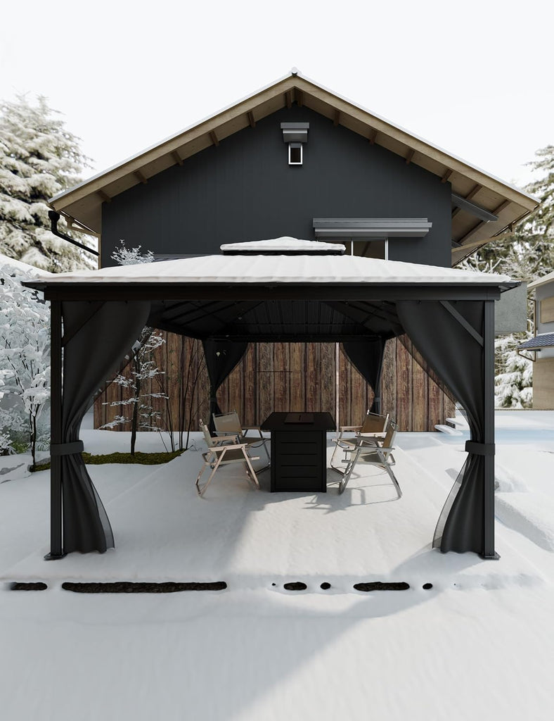 GarveeLife Hardtop Gazebo 12 ft x16 ft for All Weather, with Double Metal Roof, Net, and Curtain