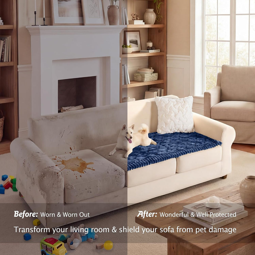 100% Waterproof Fuzzy Couch Cover for Dogs Navy Blue 27.6"x59"