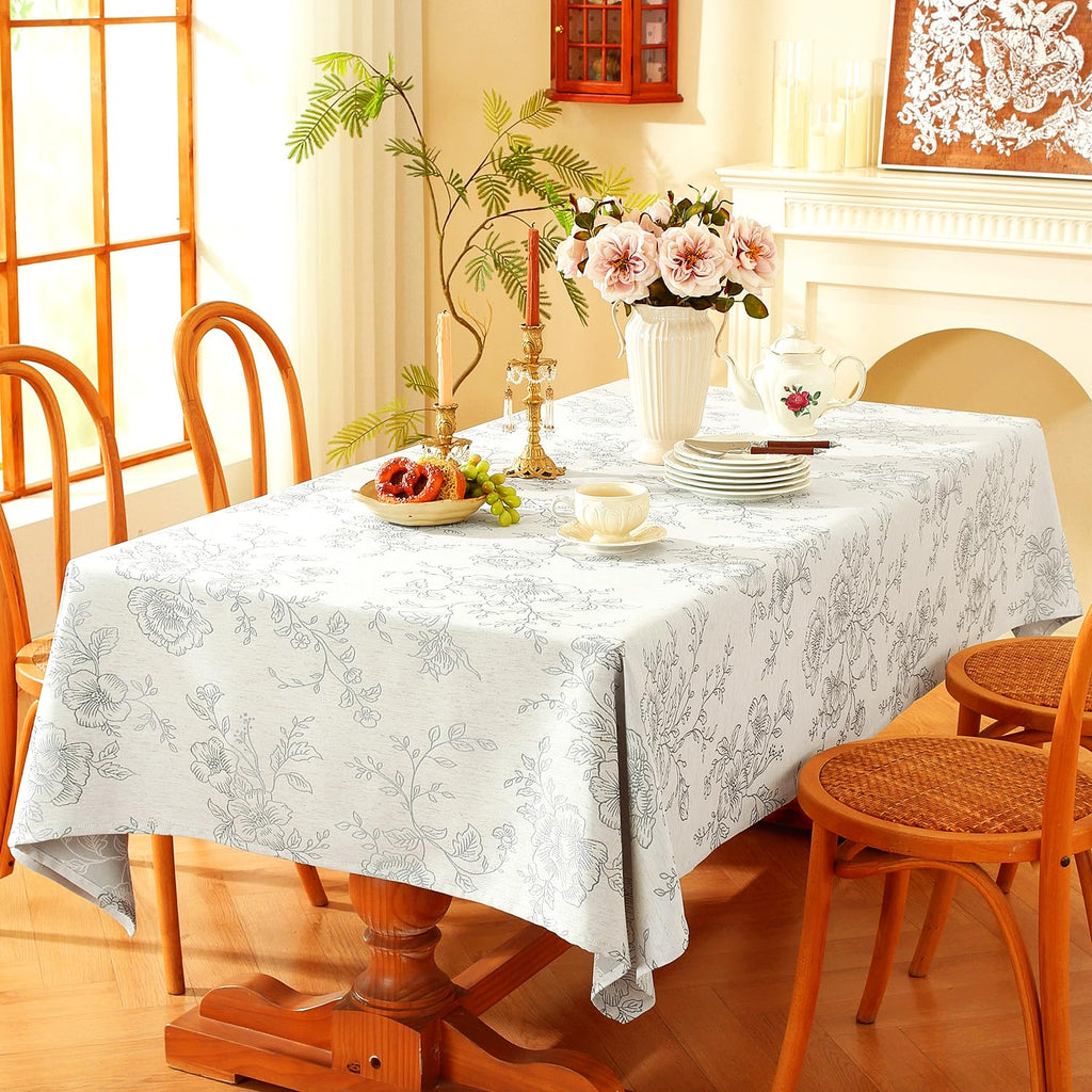 Premium Vintage Farmhouse Damask Floral 52 x 70 inch Rectangle Table Cloth - Water Resistant Linen Textured Jacquard