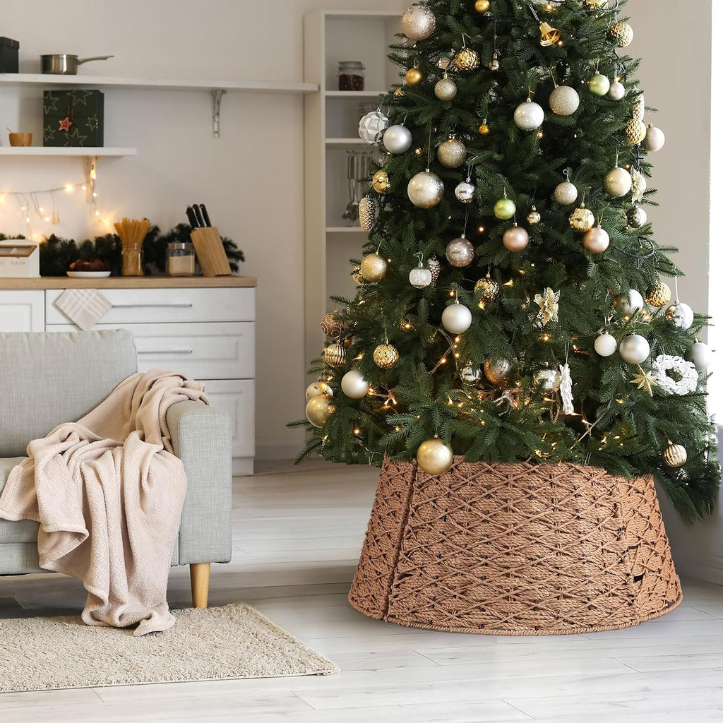 24 Inch Woven Rattan Christmas Tree Collar, Khaki