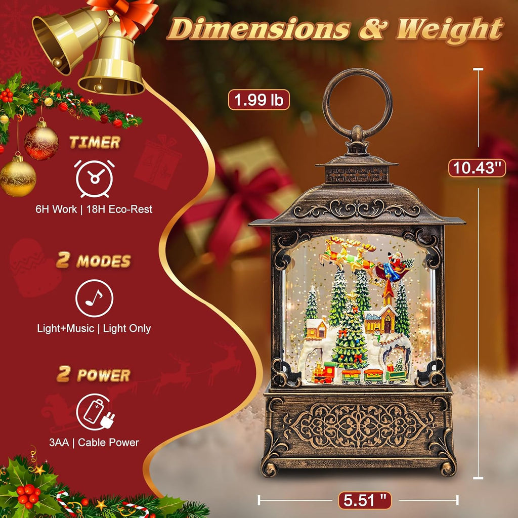 Vintage Christmas Lantern Snow Globe with Santa Sleigh Village Scene, Lighted Musical Holiday Decor with Swirling