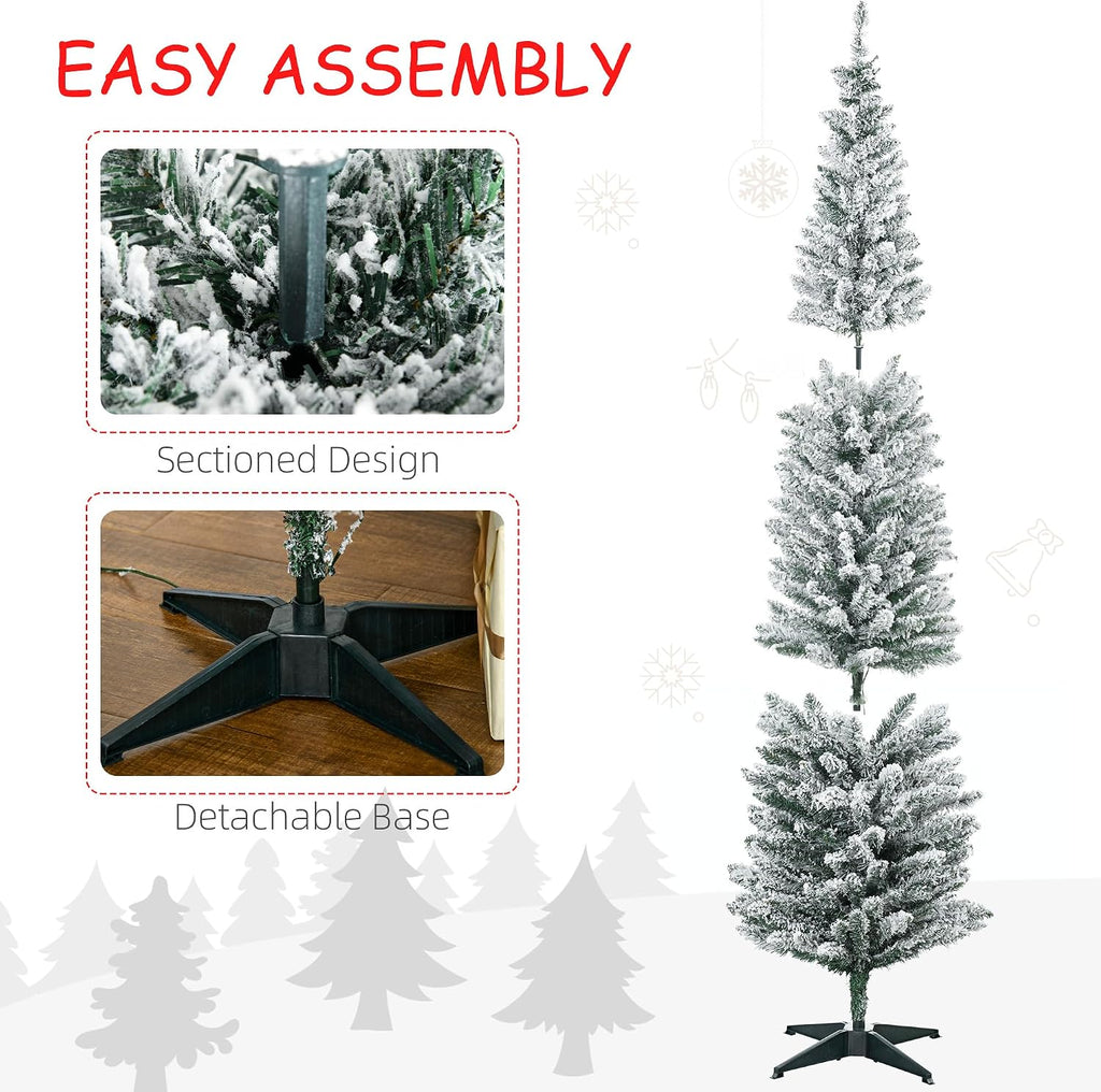 Pencil Christmas Tree 7' Tall Pre-Lit Slim Noble Fir Green | Artificial, 210 Warm White LED Lights, 499 Tips, for