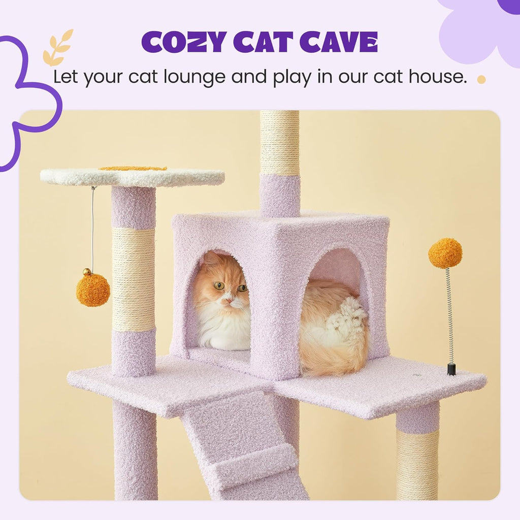 Flower Cat Tree for Indoor Cats, 63.8 Inches Multi-Level Cat Tower with Sisal-Covered Scratching Posts, Padded