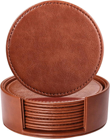 Drink Coasters with Holder, 4" Leather Coasters for Drinks for Tabletop Protection, Elegant Home Decor & - Set of 6