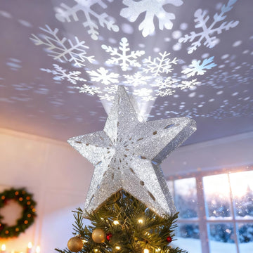 Christmas Tree Topper Lighted Star [Silver],3D Hollow Sparkling Star Christmas Tree Topper with Rotating Magic Cool