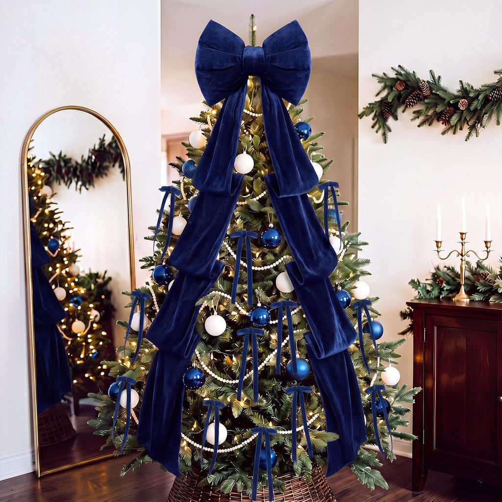 8.2ft Large Navy Blue Velvet Bow Christmas Tree Topper, 12pcs Ribbon Bows