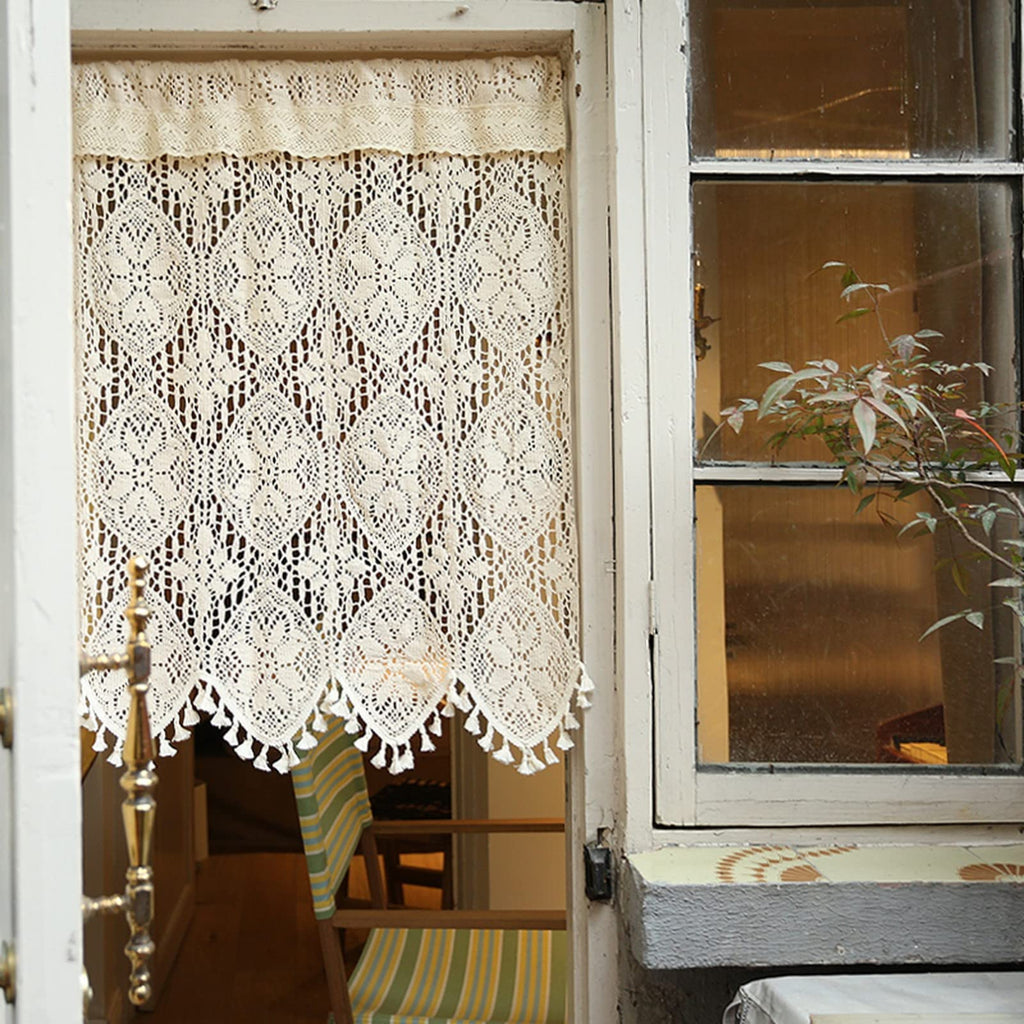 Short Curtain for Small Window Sheer Transparent Beige Cotton Hollow Crochet Lace Chic Bohemian Valance Panel Drapes