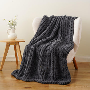 Chunky Knit Throw Blanket, Dark Grey Chenille Throw Blanket 50x60in