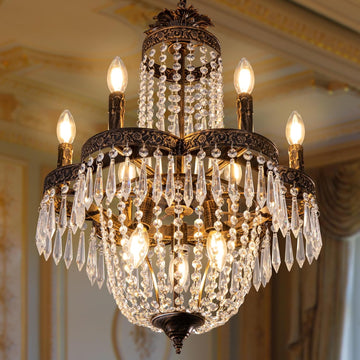 Crystal Chandelier,9 Lights French Empire Crystal Chandelier,Rustic Farmhouse Pendant Chandeliers Lighting,Adjustable Antique Bronze Ceiling Light Fixture for Dining Living Room Bedroom Foyer