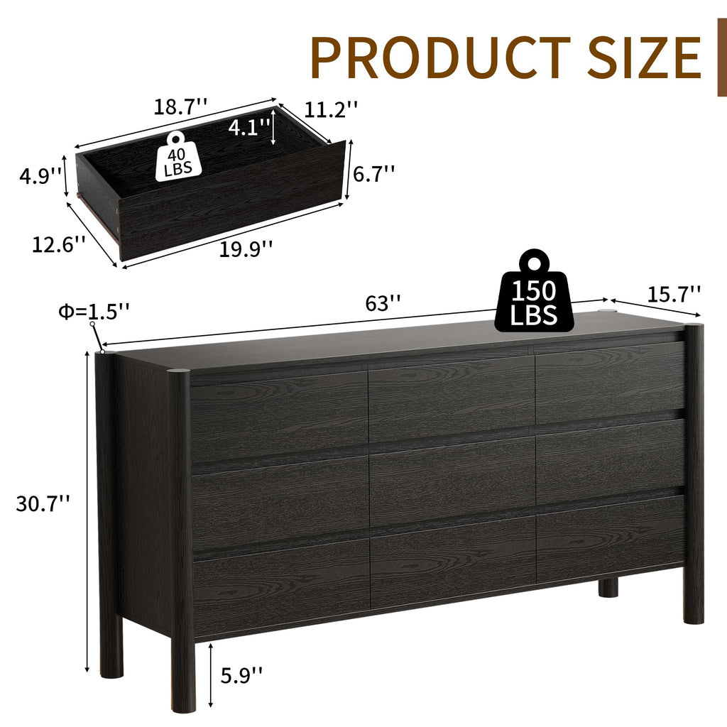 63" Wide Black 9 Drawer Dresser with Solid Wood Legs