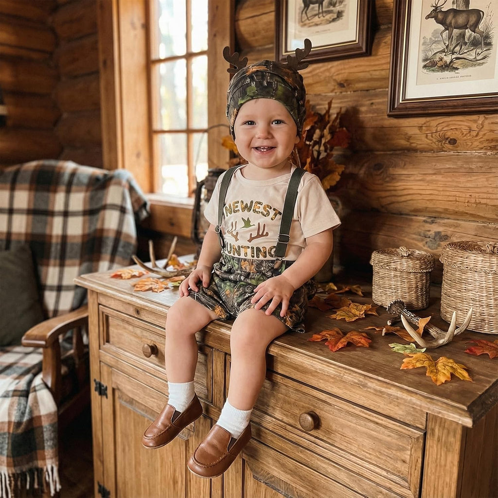 Newborn Baby Boy Clothes Hunting Short Sleeve Romper Shirt Tops Removable Strap Shorts Summer Outfits Hat Set