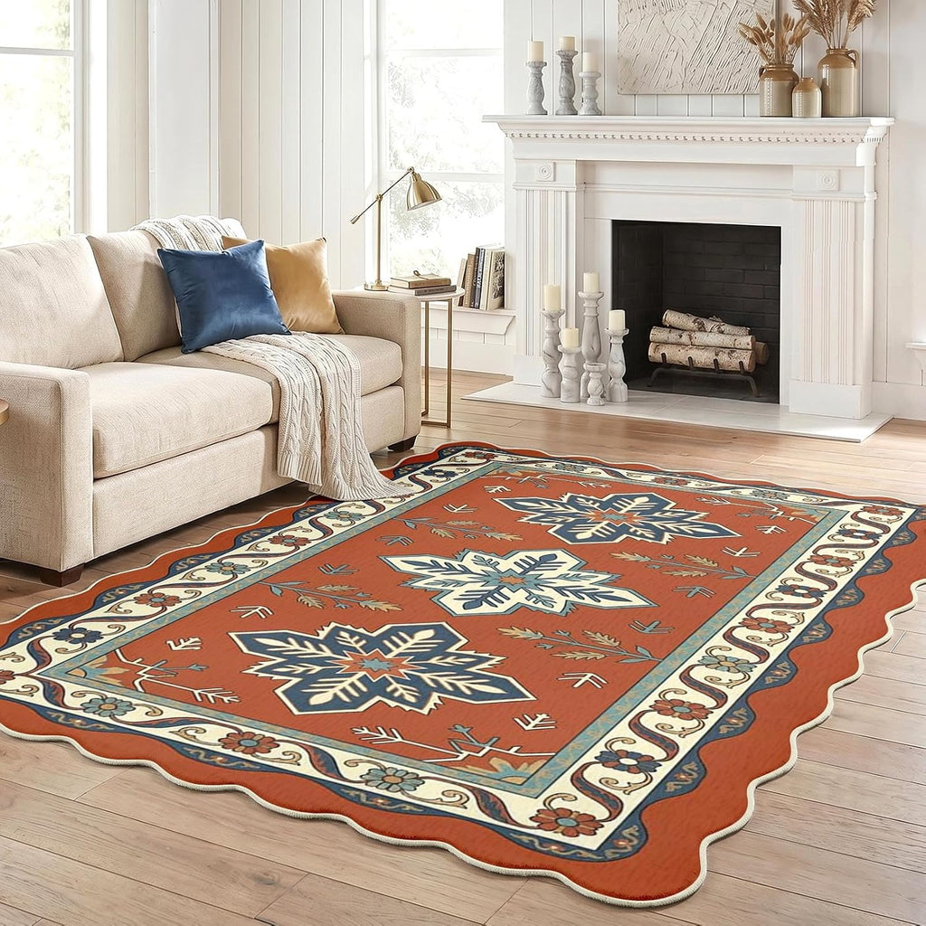 Washable Scalloped Area Rug, Boho Aztec, 5'x7'