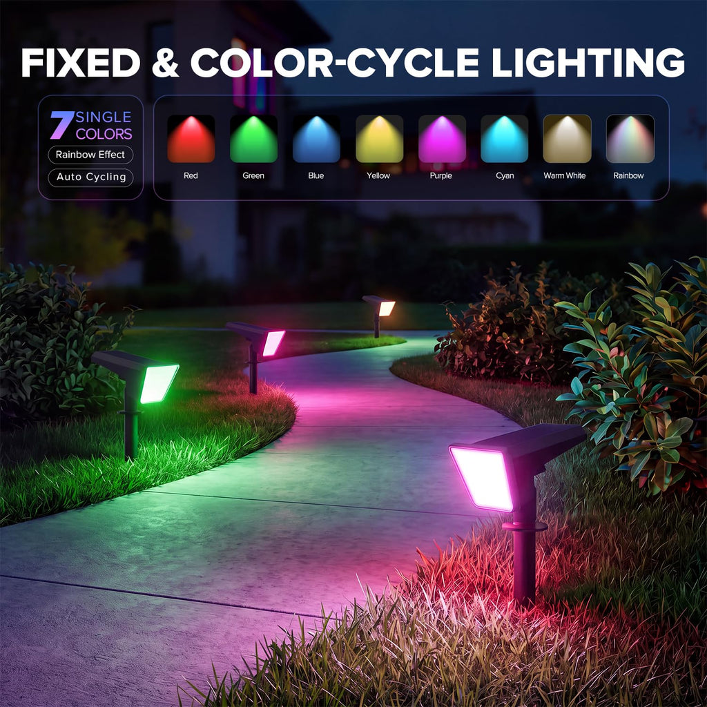 6 Packs Solar Spot Lights Outdoor Waterproof, 28 LED RGBW Solar Powered Landscape Pathway Lights, Dusk to Dawn Solar