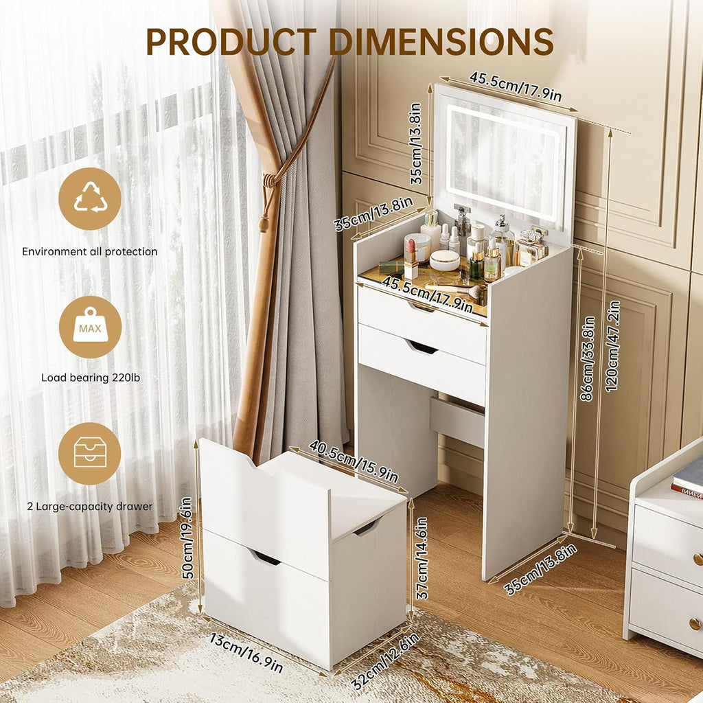 3-in-1 Vanity with Mirror and Lights, Modern Compact Vanity Table with 3 Storage Drawer, Small Makeup Vanity Desk