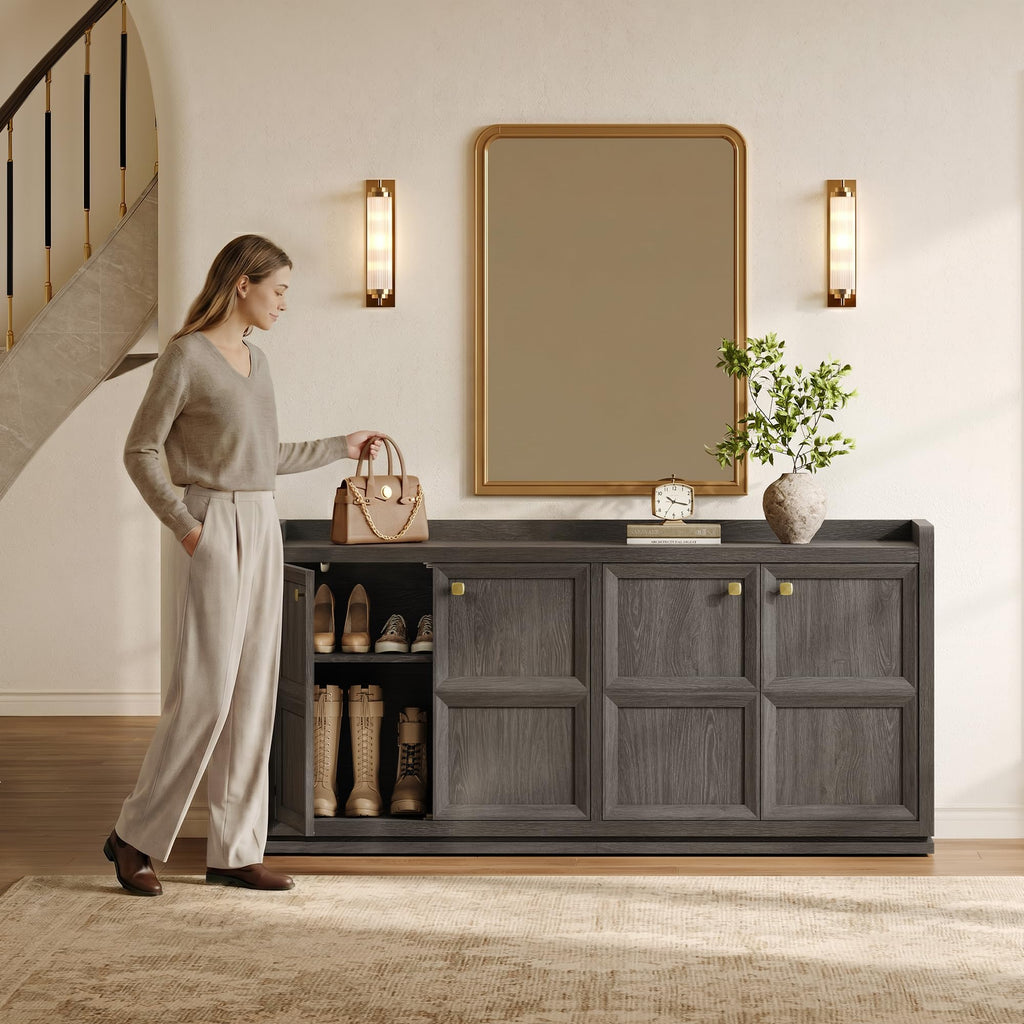 61.7" 4-Door Buffet Sideboard Cabinet Living Room, Dark Gray Oak