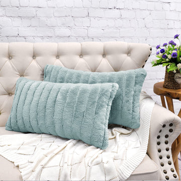 Striped Faux Fur Decorative Lumbar Throw Pillow Covers with Sherpa Back 14" x 26" Set of 2, Plush Luxury Rectangular