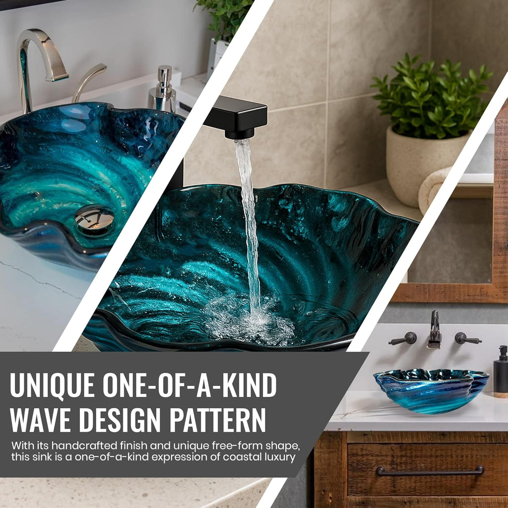 Eden Bath Caribbean Wave Round Glass Sink Bowl Bathroom Vessel Sink for Vanity Top