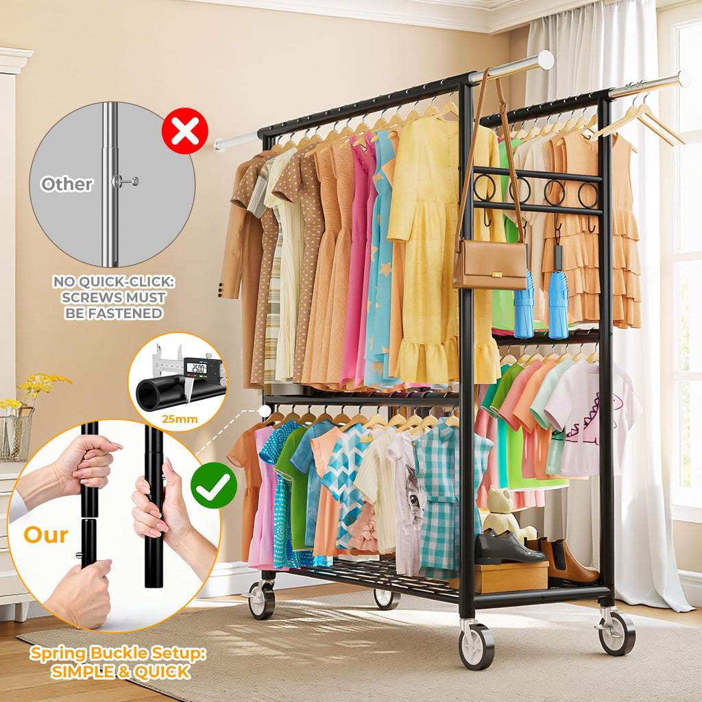 Heavy Duty Clothes Rack Load 1060LBS, Four Rods Rolling Clothing Racks for Hanging Clothes, Rolling Garment Rack With