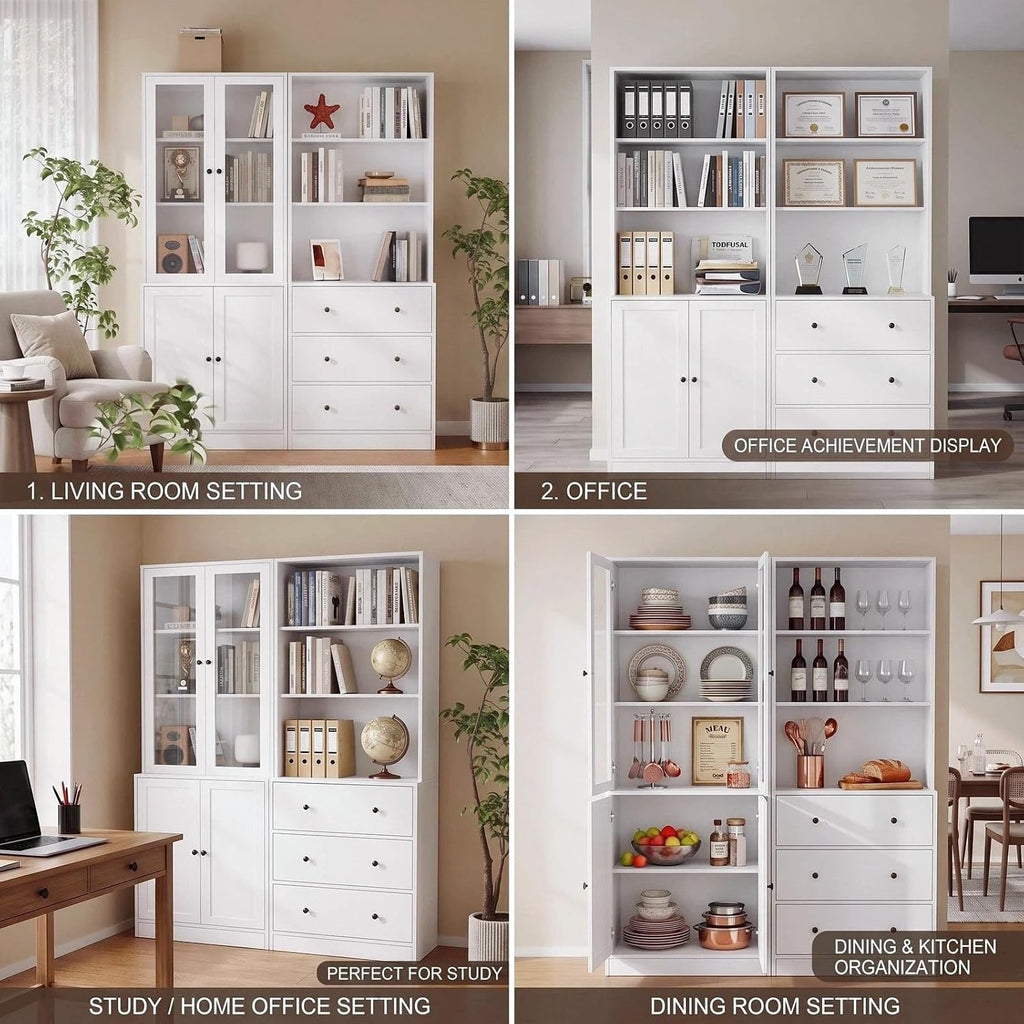 71" H Bookshelf with Storage, 6-Tier Modern Bookshelves with 3 Large Drawer, Display Bookcase with Glass Doors