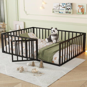 Floor Bed with Fence and Door, Heavy Duty Metal Montessori Floor Bed with Rails, Low-Profile Montessori