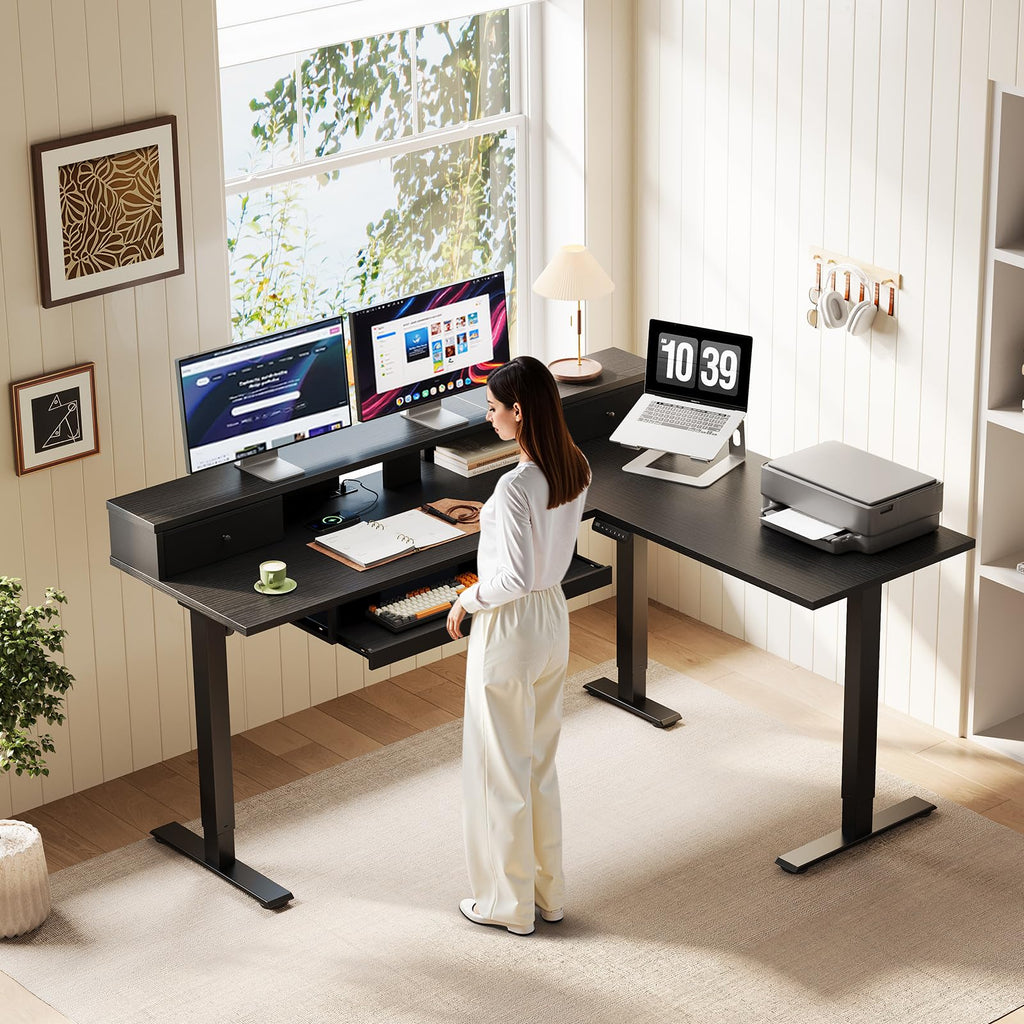 59 Inch L Shaped Electric Standing Desk with Drawers, Black