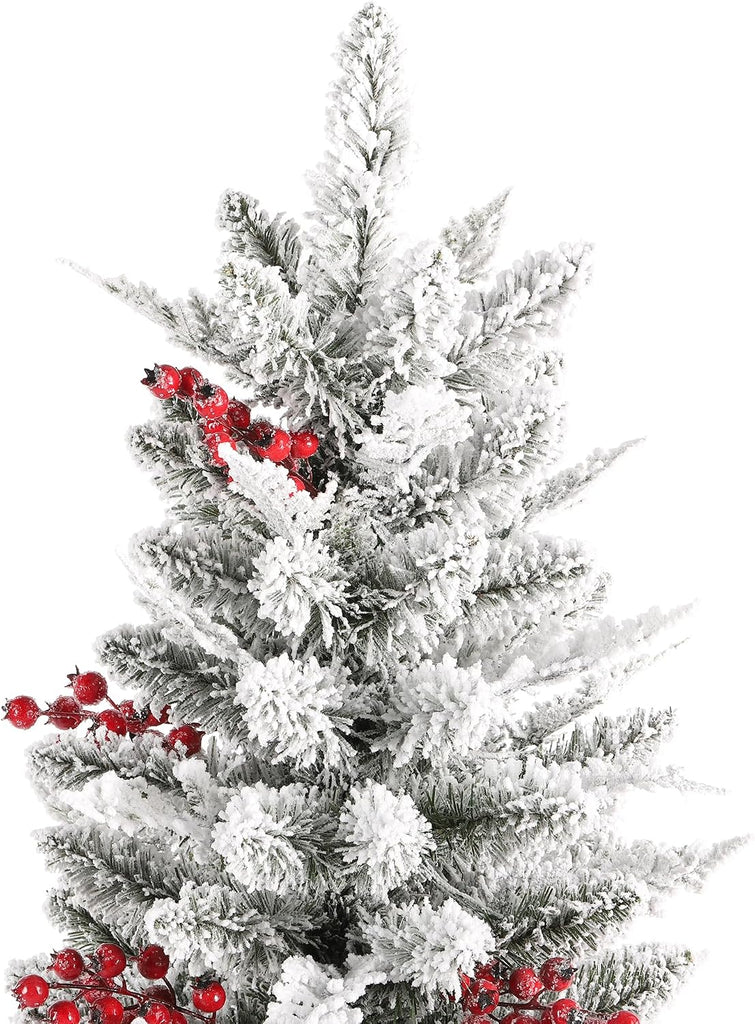 4ft Prelit Christmas Tree Set of 2, Flocked Artificial Christmas Porch Tree with Red Berries and 60 Warm