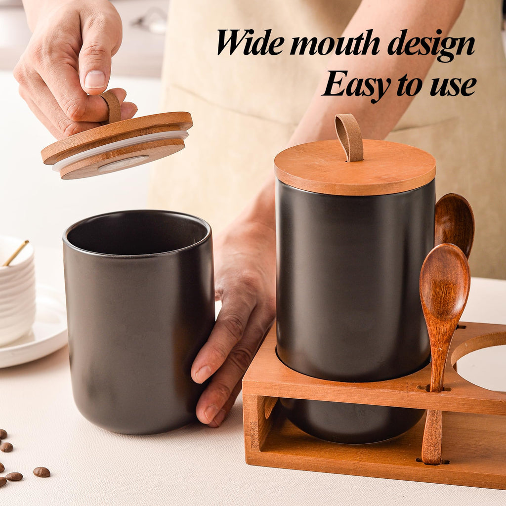 Black Ceramic Canister Set of 2 with Bamboo Lids, Wooden Stand & Spoons - 35oz & 28oz Airtight Food Storage Jars for