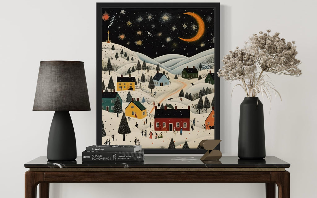 Starry Night Black Framed Wall Art Poster Print, Scenery Landscape American Folk Art, Naive Painting Decor Gallery 31