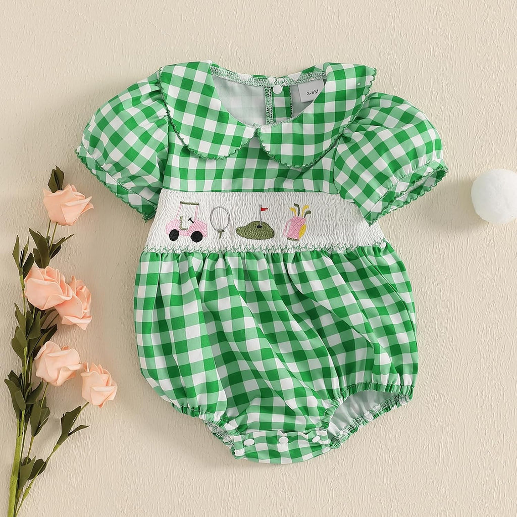 Baby Girl Smocked Bubble Romper Golf Embroidery Short Sleeve Peter Pan Collar Bodysuit Newborn Summer Clothes