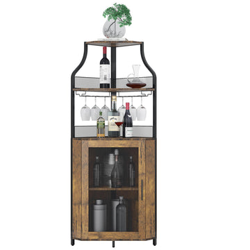 Corner Wine Cabinet, Wine and Glass Rack, Freestanding Liquor Cabinet Bar Cupboard with Storage Shelves (Rustic Brown)