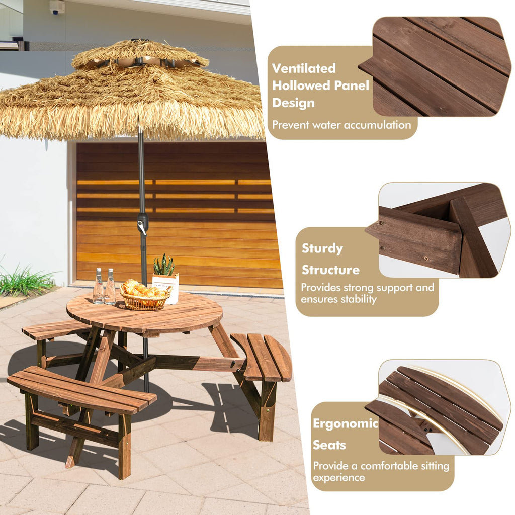 6 Person Wood Picnic Table, Outdoor Round Picnic Table with 3 Built-in Benches, Umbrella Hole, Outside Table and