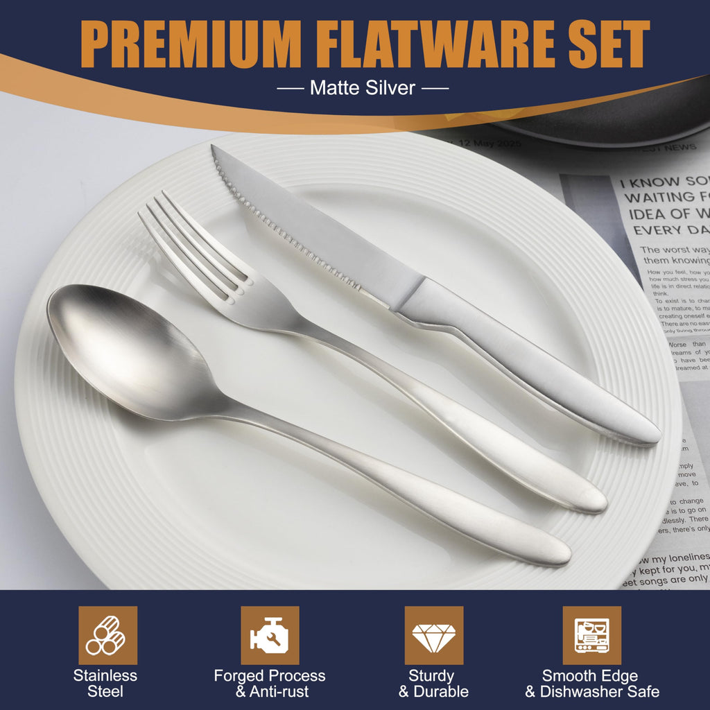 Matte Satin Silverware Set, Stainless Steel Flatware Set for 4, 20 Pieces