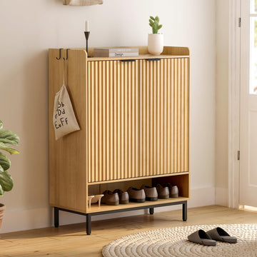 Fluted Shoe Cabinet with Doors, Large Wooden Shoe Storage Cabinet with Adjustable Shelves, Modern Tall Freestanding