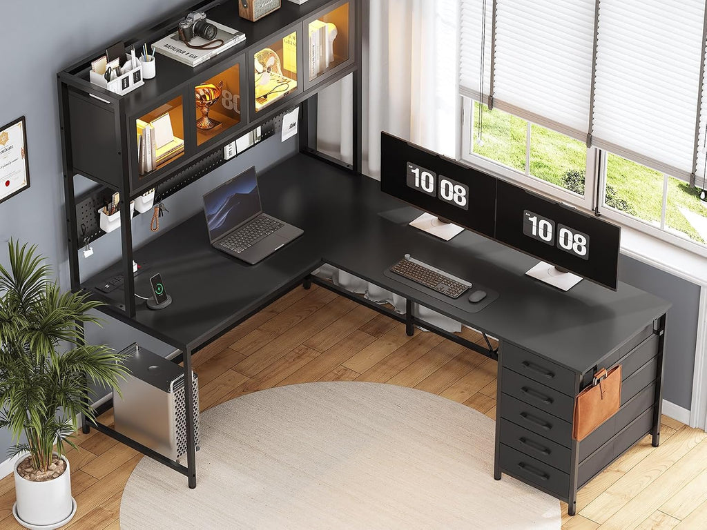 L Shaped Gaming Corner Desk with Drawers, Hutch and Storage Shelves | Reversible Computer Desk, Gaming Desk with