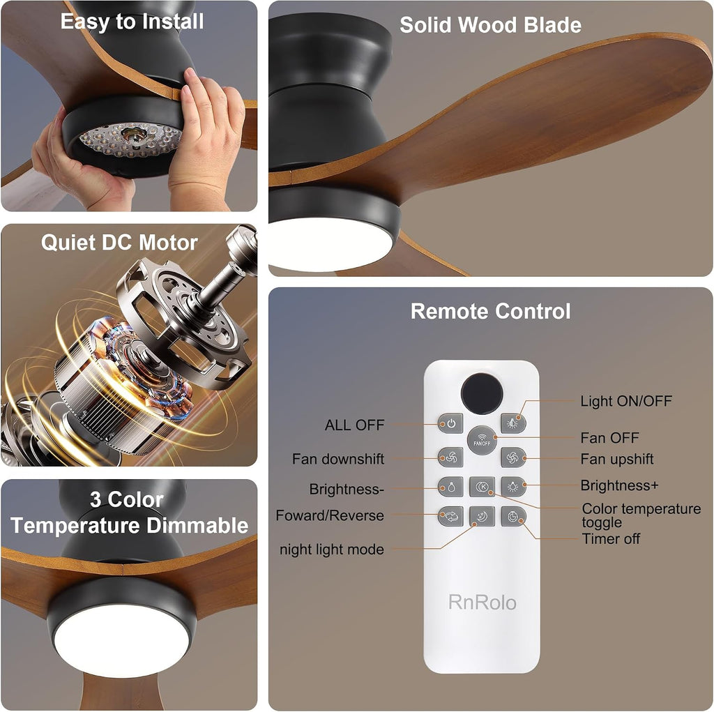42 Inch Ceiling Fan with Light and Remote & APP Control, 3 Wooden Blades, 6 Wind Speeds, Quiet DC Motor