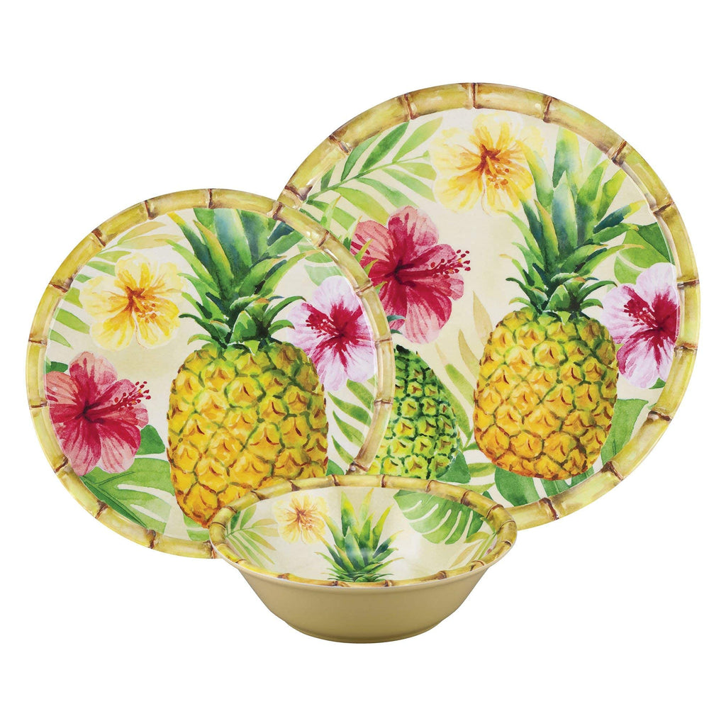 12 Piece Pineapple Melamine Dinnerware Sets, Outdoor Dishes Set, Plates and Bowls Sets, Service for 4, Multicolor