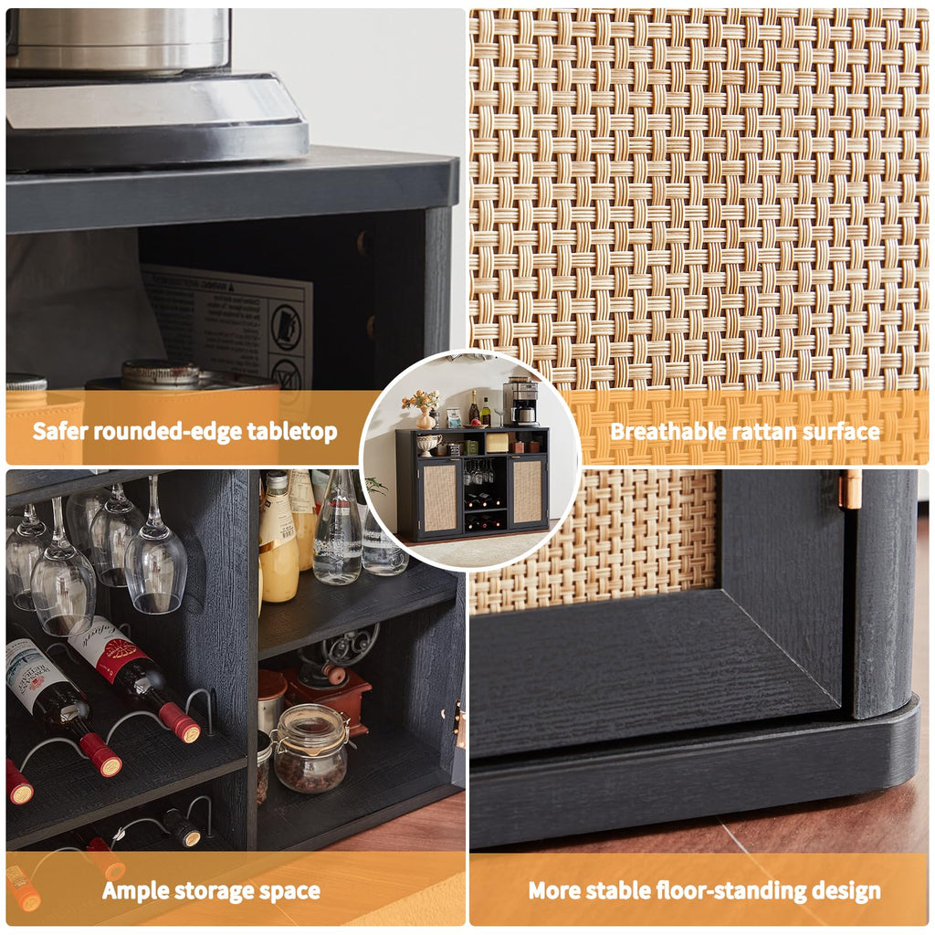 Rattan Wine Bar Cabinet with Storage, Black