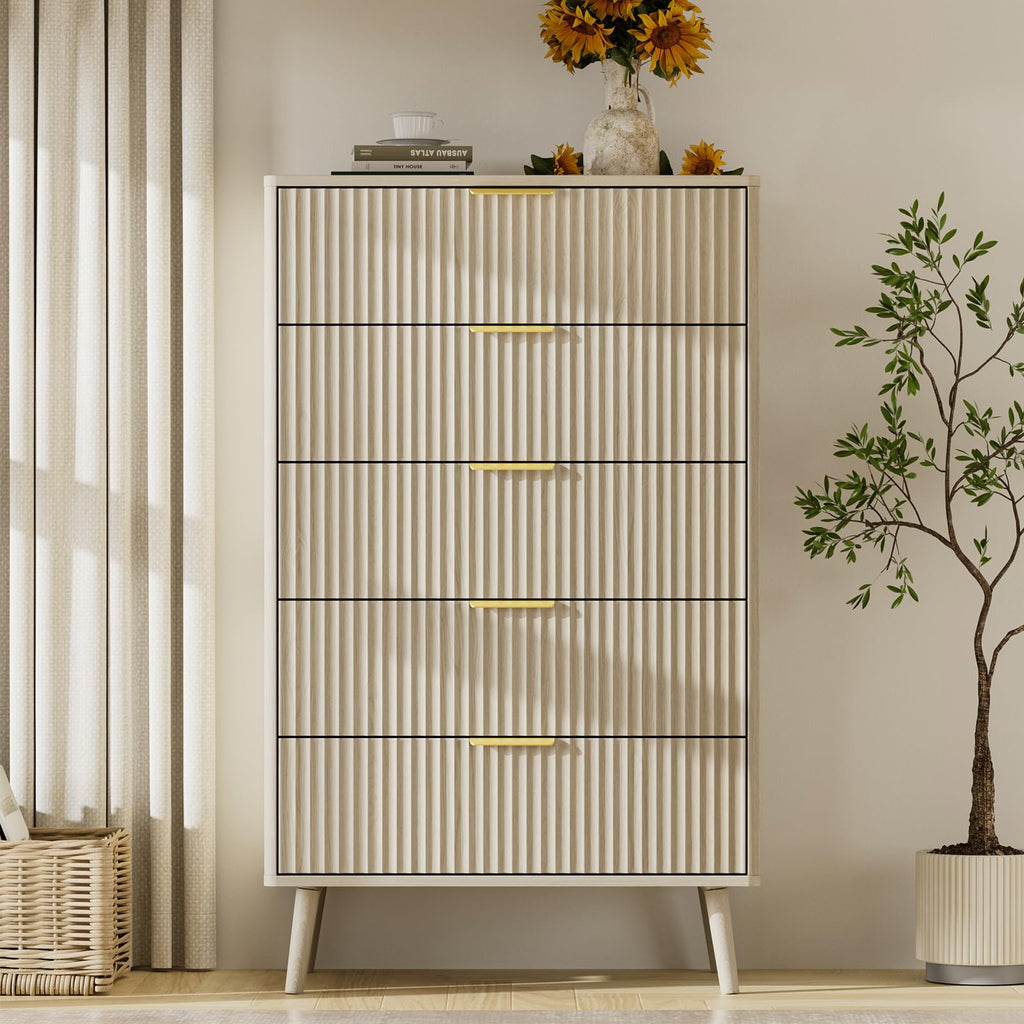 Beige 5 Drawer Dresser, 45" Tall Modern Chest of Drawers with Fluted Panel, Curved Profile Design, Metal Handles