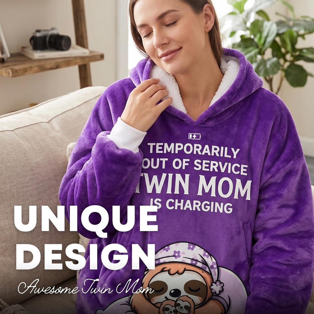 Twin Mom Gifts, Mom of Twins Gifts, Mother of Twins Wearable Flannel Blanket with Hoodie, Oversized Flannel Hooded